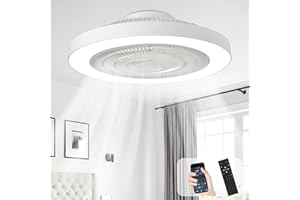 Depuley Modern Ceiling Fan with Light: 19" Flush Mount Low Profile LED Ceiling Fans with Remote & Smart APP Control - White Bladeless Fandelier Dimmable Quiet DC Motor for Bedroom Kids Room 6 Speeds