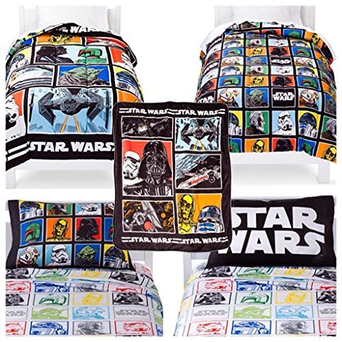 Star Wars Classic Kids Twin Bed in a Bag 5 Piece Set - Reversible Comforter, Sheet Set with Reversible Pillow Case and Plush Throw Blanket by Disney