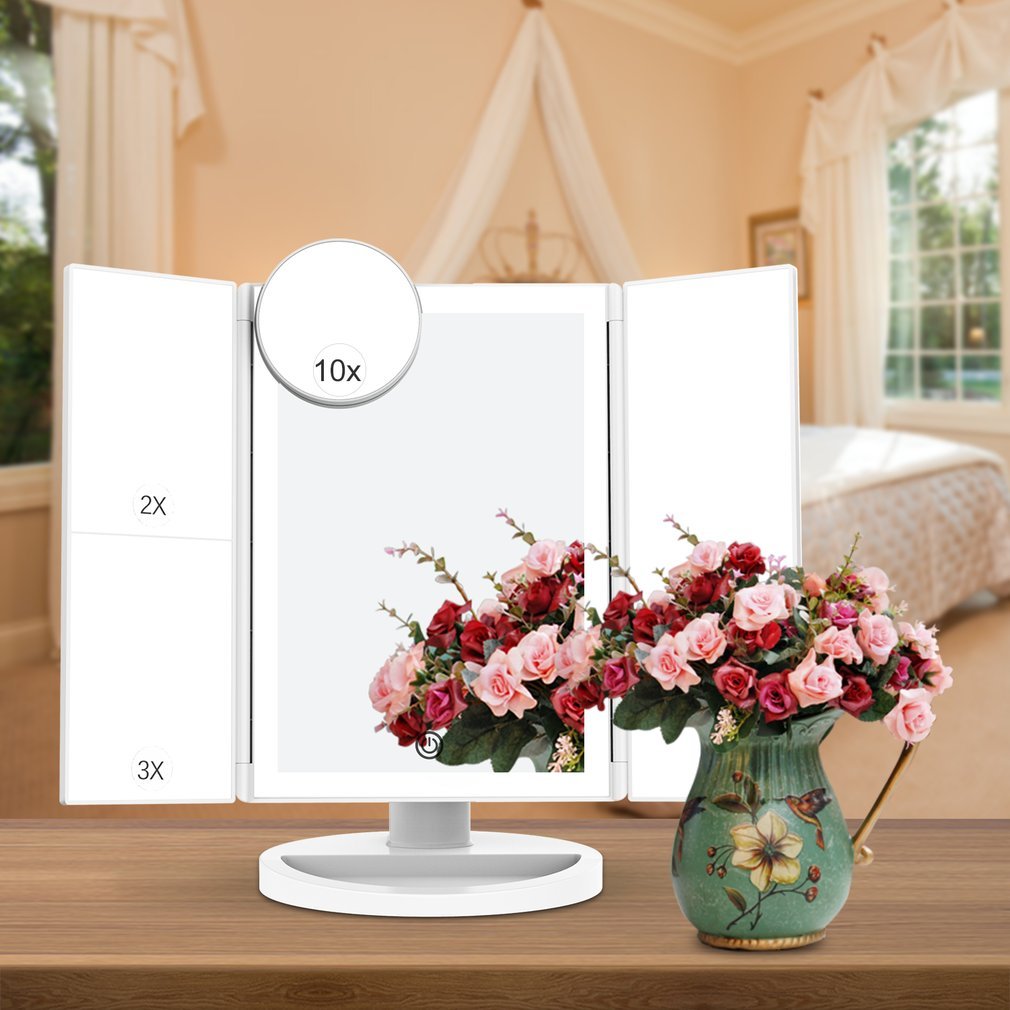 Miroir Maquillage LED lumineux, Miroir Triple Pliable avec Écran Tactile Grossissement 1X/2X/3X/10X Miroir Cosmétique 180° Ajustable avec Bouton, Câble USB pour Maquillage Beauté