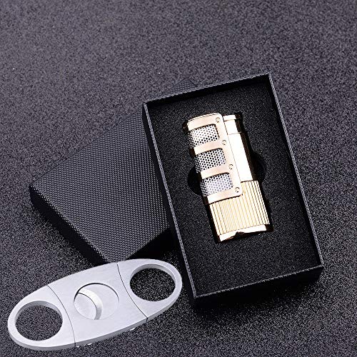 Cigar Cutter and Lighter Set, Cigar Punch Lighter Triple Jet Flame Butane Cigarette Torch Lighter (Gold) - Thumbnail 7