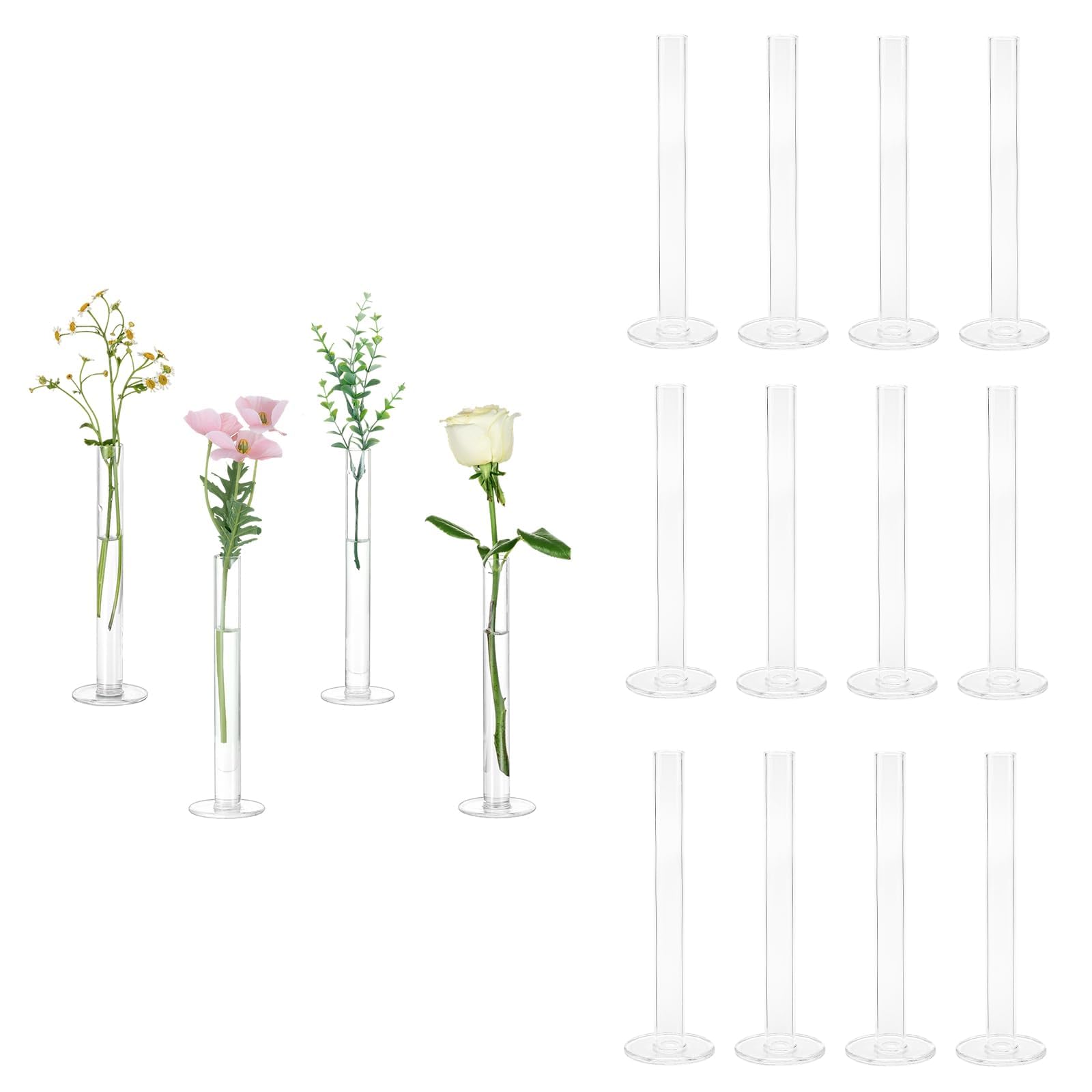 Photo 1 of Glasseam Glass Bud Vase for Centerpieces, Bulk Clear Flower Vases of 16Pcs Small Single Rose Cylinder Centerpieces - 7.9" Tall Skinny Modern Wedding Table Decorations for Party Living Room