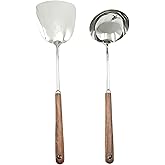 HIFIND Metal Spatula and Ladle, Stainless Steel Wok Spatula & Soup Ladle with Heat-resistant Walnut Wood Handle, Polished Silver Kitchen Cooking Utensils Set, Universal Wok Tools for Kitchen