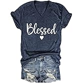 Blessed Shirts Women Cute Heart Graphic Tee V-Neck Short Sleeve Thankful T Shirt Casual Christian Religious Faith Top