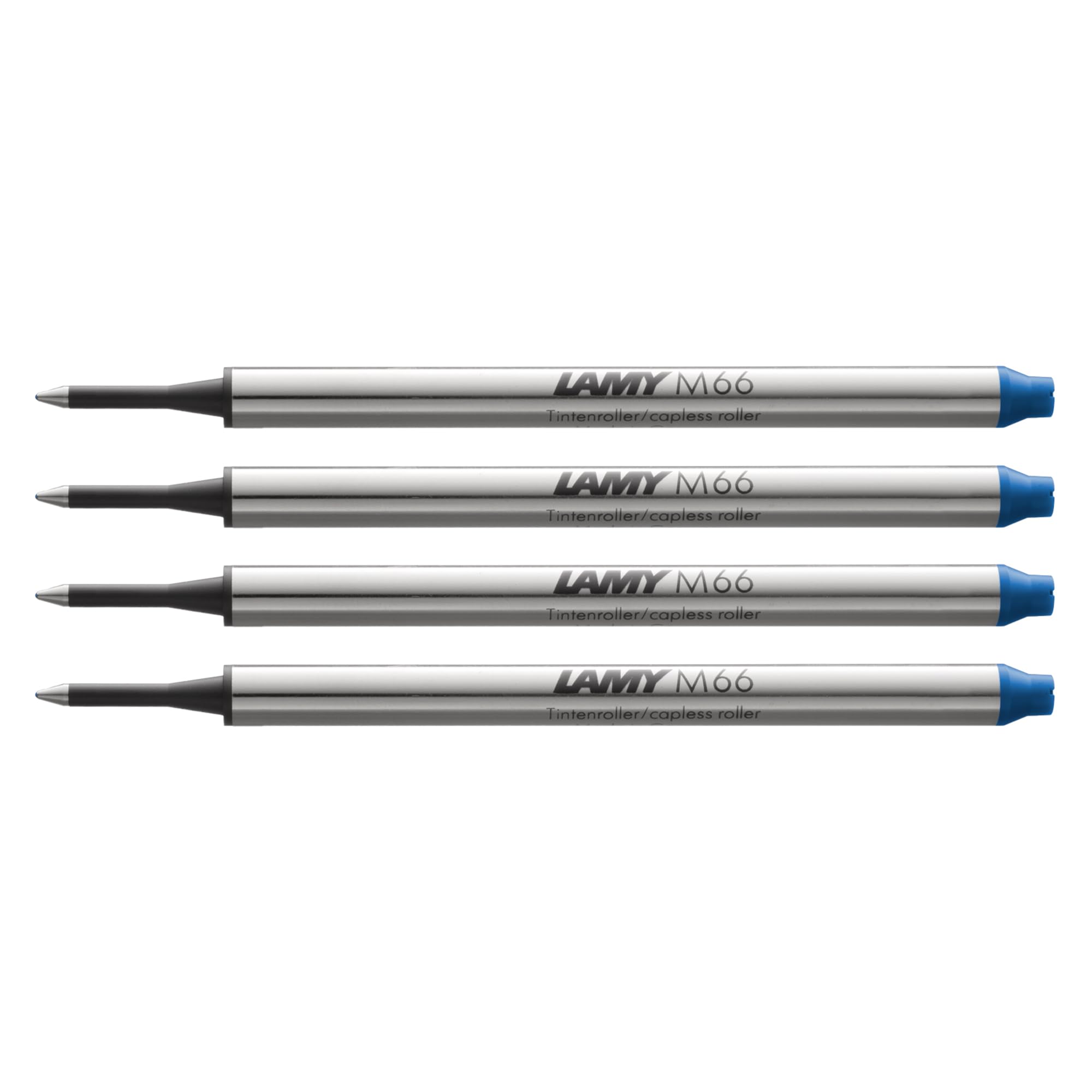Lamy M66 4-pack metal rollerball refill with large capacity - Original replacement refill for all rollerball pens without cap - Document-proof - Broad line width in blue ink