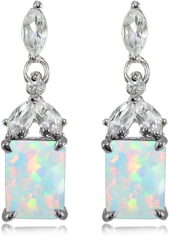 Sterling Silver Choice of Created or Genuine Gemstone & White Topaz Emerald-Cut Dangle Earrings