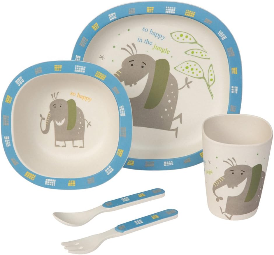 BIOZOYG Bamboo Children crockery set 5 pieces I Table Service for children Elephant with cutlery cereal Bowl drinking cup and children's Plates I Recyclable Natural Material BPA free