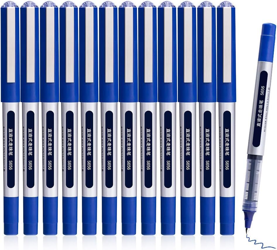 Rollerball Pens, 12 Pack 0.5mm Quick-drying Liquid Ink Stick Ballpoint Blue Gel Pens for Writing Note Taking Home & Office Supplies