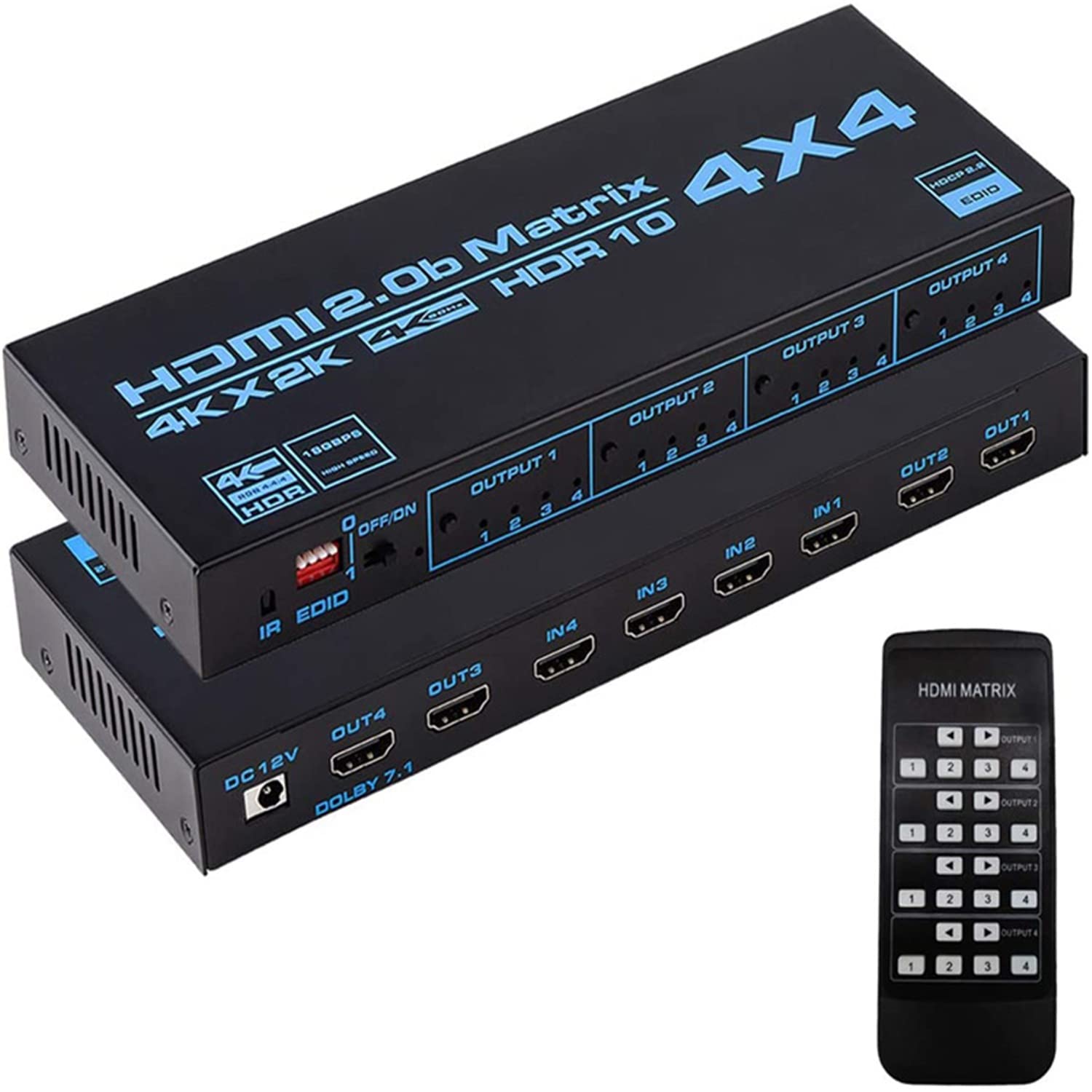 4X4 Matrix Selector, 4K HDMI Matrix 4 Inputs 4 Outputs HdMI Matrix 2.0 Ports 4x4 Support 4K@60Hz 4K Dolby Vision HDR HDCP 2.2 Remote Control Support