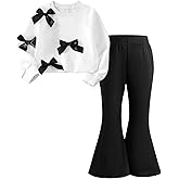 Ecolala Girls 2 Piece Outfits Long Sleeve Crew Neck Bow Sweatshirt Top and Flare Pants Set