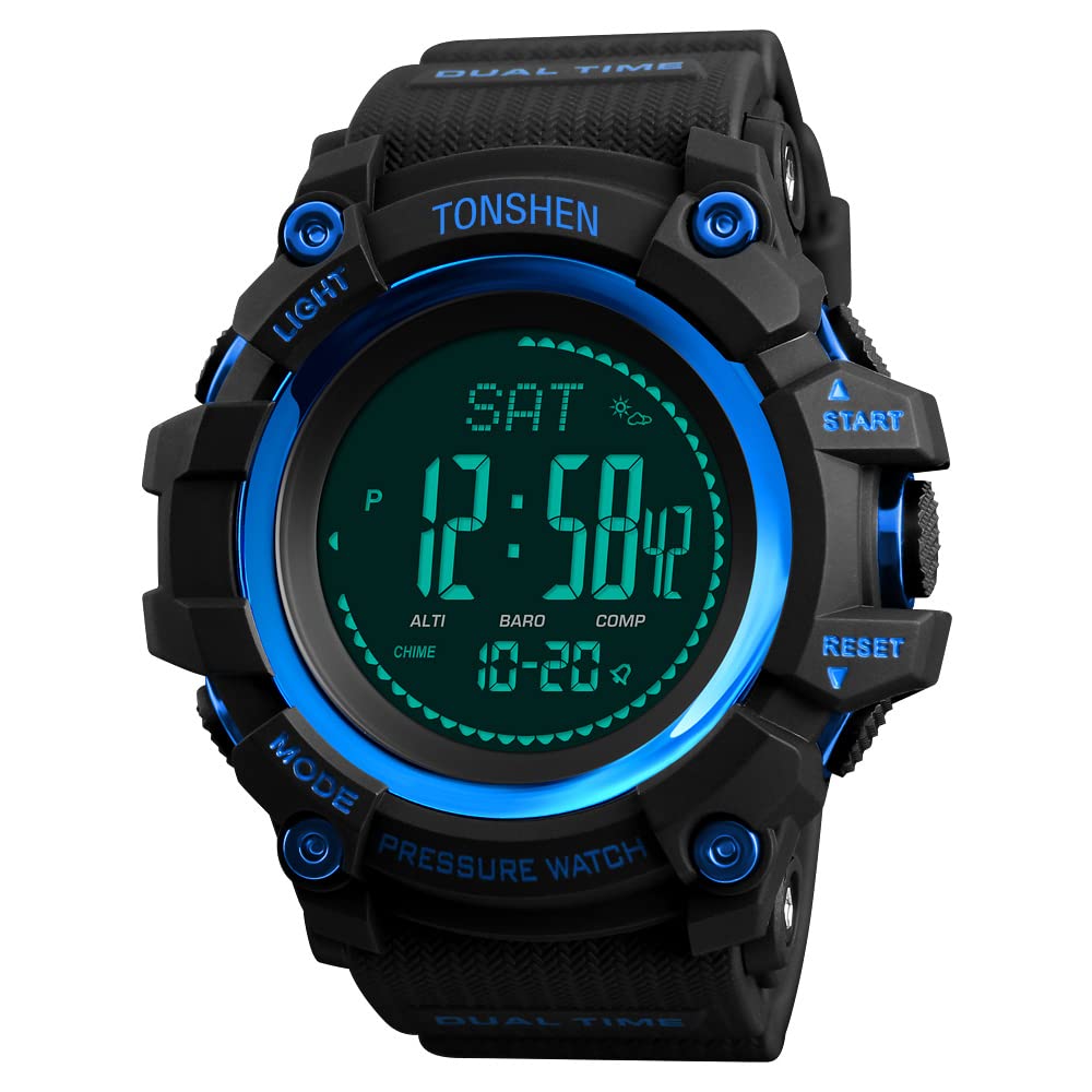 TONSHEN Mens Large Dial Outdoor Sport Digital Compass Watch Plastic Case with Rubber Band LED Electronic Multifunction Altimeter Thermometer Pedometer Calories Double Time Watches (Blue)