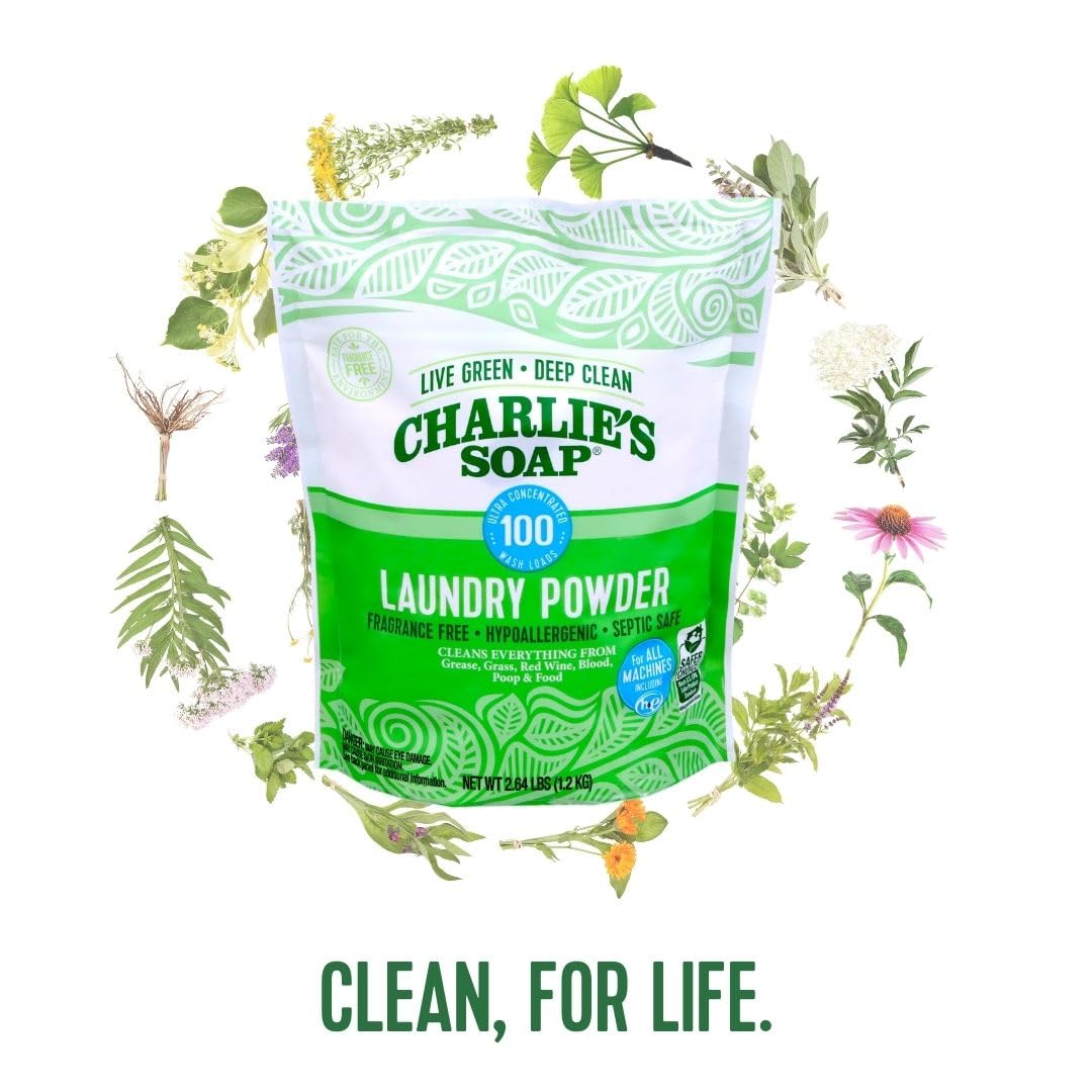 Charlie’s Soap Laundry Powder (100 Loads, 1 Pack) Fragrance Free Hypoallergenic Plant Based Deep Cleaning Laundry Powder – Biodegradable Eco Friendly Sustainable Laundry Detergent