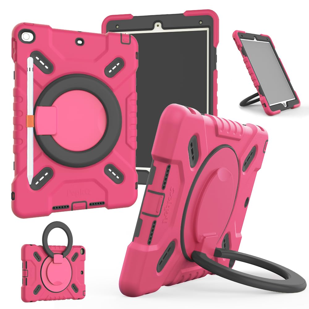 NLR FUN 4-Layer 9.7" Shockproof Case for iPad Air 2 & iPad 6th/5th (2018/2017) Hybrid Protective iPad Cover with Kickstand/Handle, Pencil Holder, Shoulder Strap (Rose)
