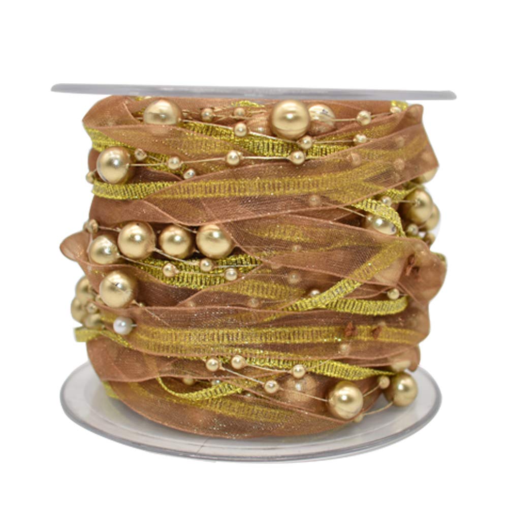 Photo 1 of 10M Artificial Bead Pearl Ribbon Chiffon Ribbon and Organza Lace Trims for Wedding Flower Christmas Tree Decoration Sewing Craft Packaging (Gold)