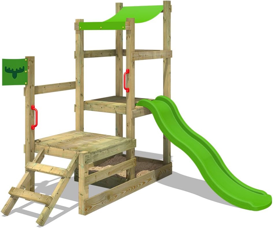 FATMOOSE Wooden Climbing Frame RabbitRally Racer XXL with Green Slide, Outdoor Play Tower for Kids with Sandpit, Climbing Ladder & Play-Accessories