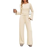ZESICA Women's 2 Piece Lounge Sets Fall 2026 Casual Long Sleeve Boat Neck Ribbed Tops Wide Leg Pants Outfits with Pocket