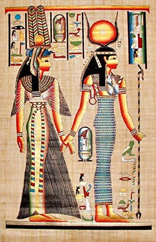 Egyptian Hand-Painted Papyrus Artwork (Imported): Isis Leading Nefertari 24" x 34"