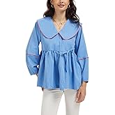 AIWUFLY Babydoll Tops for Women Summer 2025 Peter Pan Collar Contrast Trim Flowy Peplum Blouse Lantern Sleeve Tops