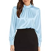 Neweek Womens Satin Blouses Long Sleeve Mock Neck Elegant Pleated Silk Shirts Tops for Business Casual Work