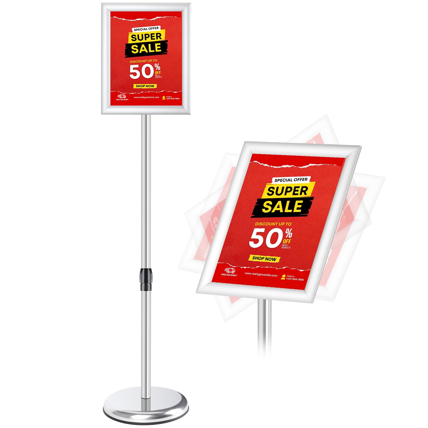 Photo 1 of RedChili Adjustable Sign Holder Stand for 8.5x11 Inch Poster, Floor Standing Sign Holder With Snap-Open Aluminum Frame 360° Rotating Display Outdoor Indoor Signage Stand for Advertising (Silver, Sharp Corner)