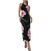 BEAUDRM Women's Floral Maxi Dress Crew Neck Sleeveless Ruched Bodycon Mesh Formal Wedding Guest Dresses