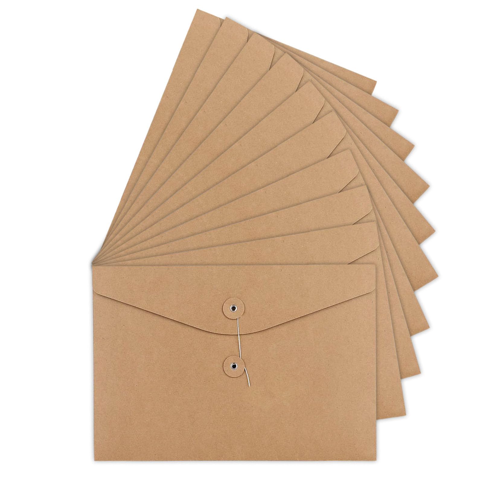 10 Pcs A4 Kraft Paper Envelopes File Folders Pockets Project Folder Documents Paper Wallet Bag with String & Button Closure Portfolio Paperwork Organiser Presentation Pouch for Office School Home