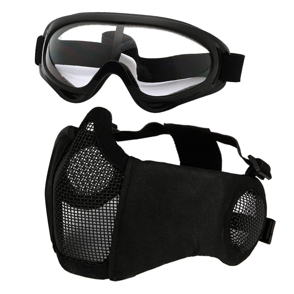 Hodeacc Airsoft Mask and Goggles Set,Half Face Metal Mesh Mask with Ear Protection,Airsoft Glasses Eye Protection for Outdoor Hunting CS Game (Black Mask)