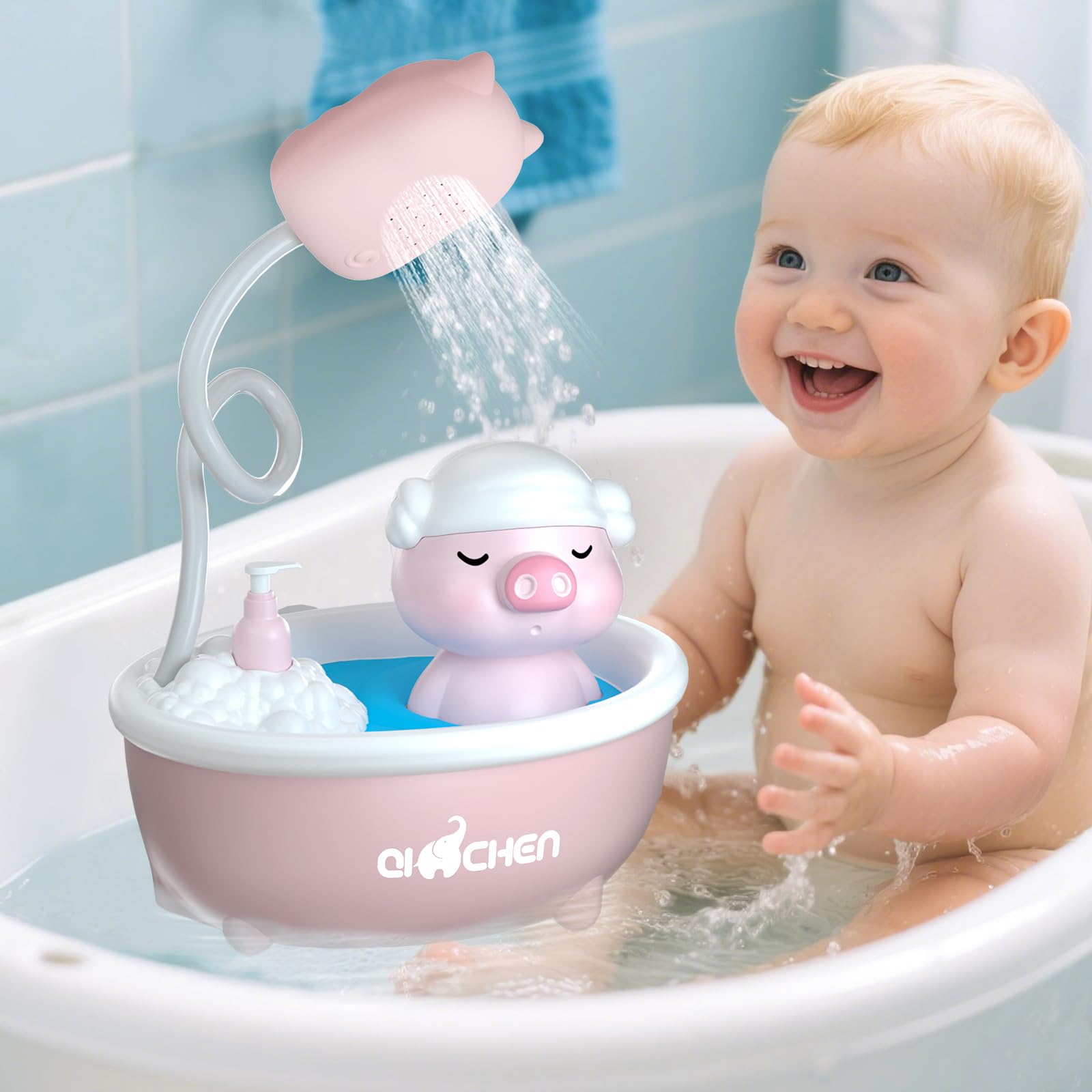 Photo 1 of VGY Baby Bath Shower Head - Pig Tub Baby Bath Toys for Kids Ages 1-3 Essentials- Water Pump Toy with Pig Spray Head and Faucet Sprayer, for Bathtub, Sink, Water Table (Pink)