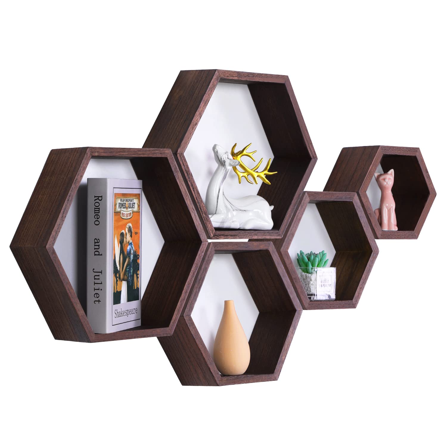 Photo 1 of PHOENANCEE Hexagon Floating Shelves,Wall Mounted Wood Farmhouse Storage Honeycomb Wall Shelf Set of 5,for Bathroom, Kitchen, Bedroom, Living Room,Office,Driftwood Finish (Walnut)