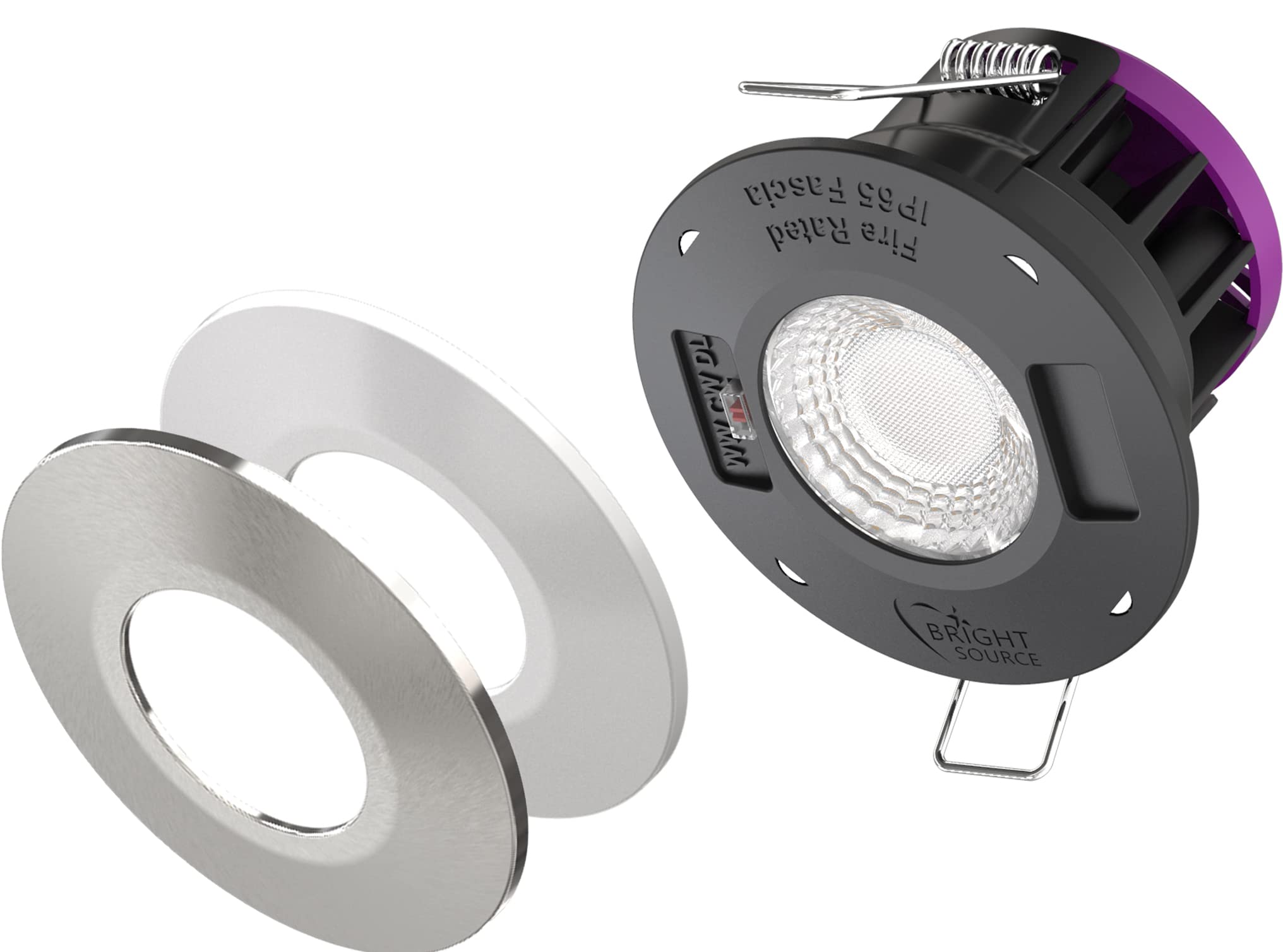 Bright Source LED Dimmable All-in-1 Downlight - 8w 64mm Cut Out 700-750lm - 3CCT Switchable 3000K 4000K 6000K - Fire Rated - IP65 Waterproof - Comes with White & Brushed Steel Bezels