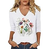 TKTSO Boho Floral Graphic V Neck Shirt for Women Funny Flower Wildflower 3/4 Sleeve Tee Casual Basic Tops Pullover