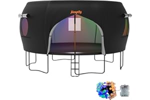 jumpfly Trampoline Tent for 10/14 FT 8/6 Curved Pole Round Trampoline, Trampoline Tent with LED Light, Outdoor Trampoline Tents Canopy, Anti-UV Anti-Tear Sun Protection, Black/Sand (Tent Only)