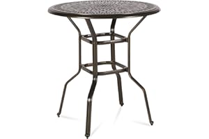 MEETWARM Patio Height Bar Table, 35.4" Bar Height Bistro Table, Outdoor Cast Aluminum Bistro Round High Top Dining Table with 2" Umbrella Hole for Garden Deck Backyard, Dark Bronze