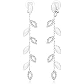 Gold/Silver Clip on Earrings Non Pierced for Women - 14K Gold Plated Long Tasse Drop Dangle Clip Earrings - Cubic Zirconia Leaf Earrings for Women Gold Wedding Jewelry Gifts