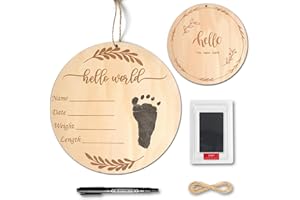 PDRYLY Baby Birth Announcement Sign with Marker Pen, Wooden Hello World Newborn Sign with Ink Pad for Baby Hand and Footprints, Double-sided Newborn Announcement Sign for Baby Shower Photo Prop Keepsakes