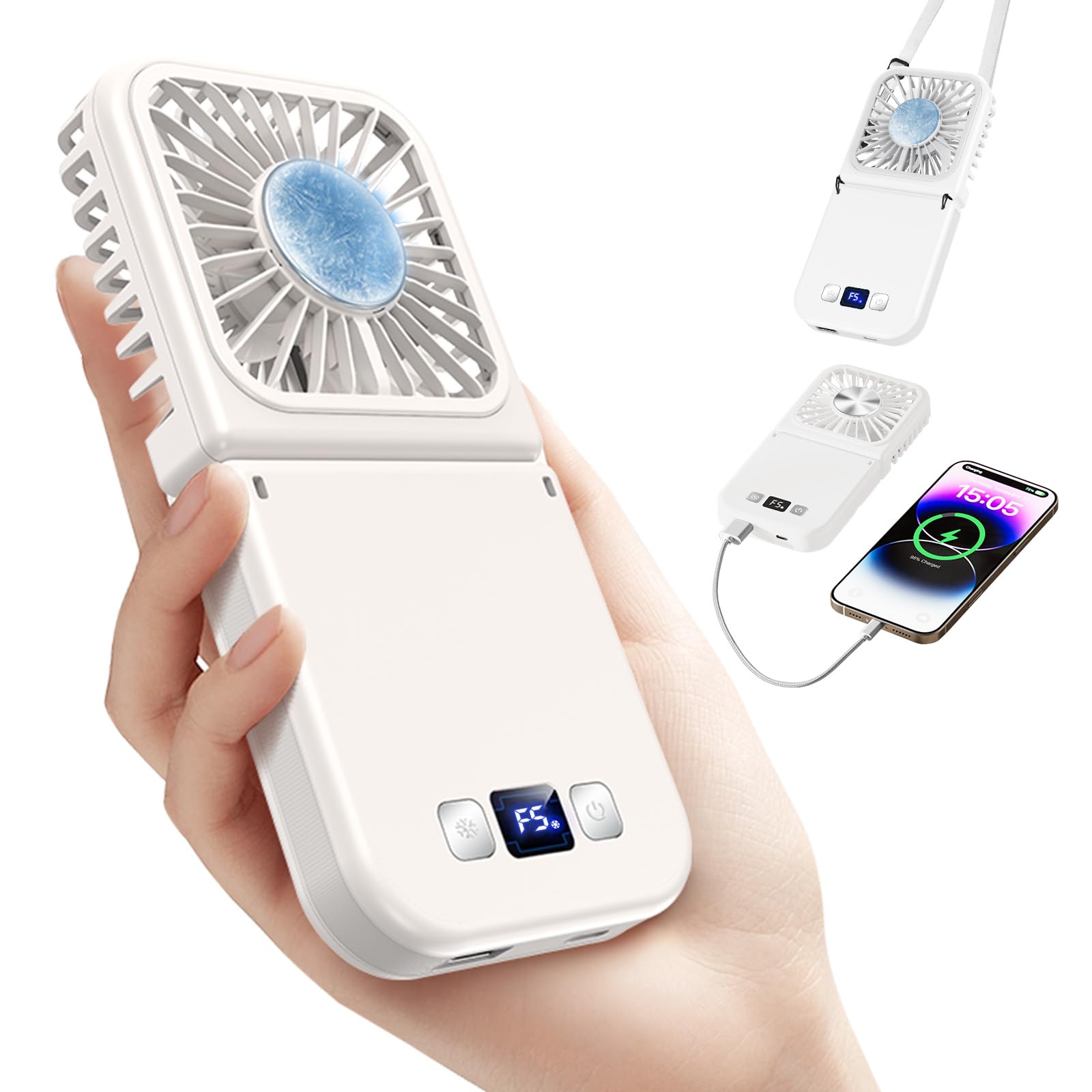 Photo 1 of Handheld Portable Fan with Ice Cooler,6 in 1 7000mAh USB Rechargeable Foldable Personal Hand Held Fan,Power Bank, LED Display, 5+2 Speeds for Travel/Summer/Concerts/Lash, Gifts for Men Women