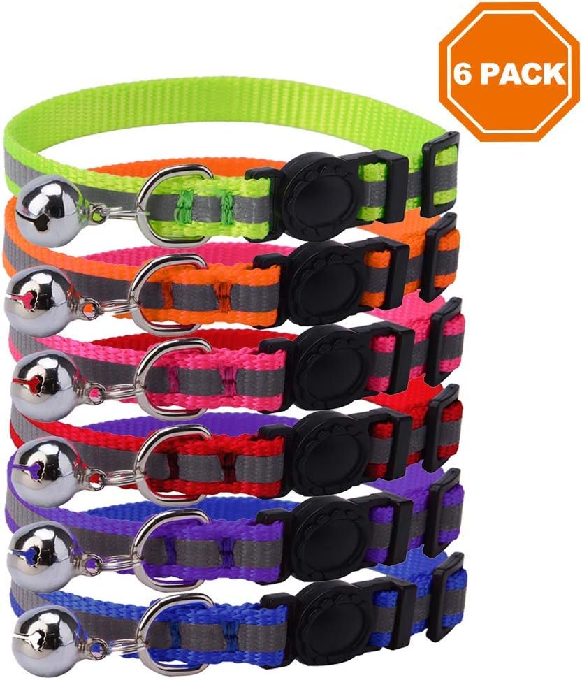 PAWCHIE Reflective Breakaway Cat Collar with Bell 6 Pcs Safety Quick Release Mixed Colors Adjustable 8-10 Inches