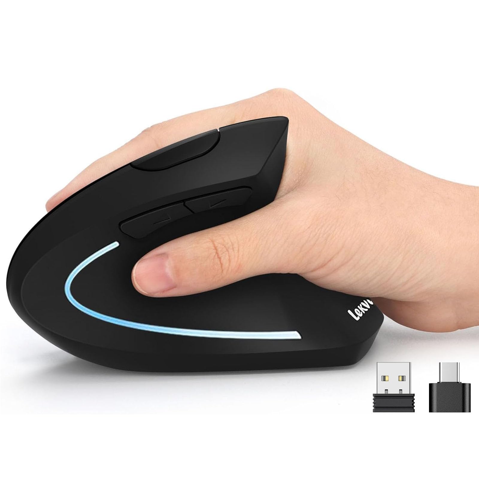 Photo 1 of Lekvey Ergonomic Mouse, USB C Wireless Vertical Mouse, Dual Mode Rechargeable USB-A & Type-C Ergo Mouse, 1600 DPI, Relieves Wrist Pain and Carpal Tunnel, for Laptop Computer Mac MacBook PC, Black