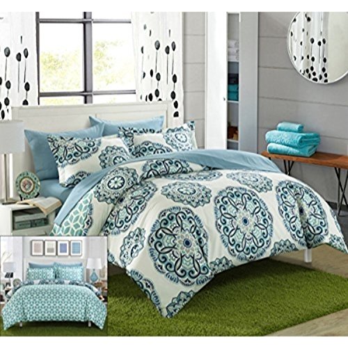 Chic Home Ibiza 3 Piece Duvet Cover Set Super Soft Reversible Microfiber Large Printed Medallion Design with Geometric Patterned Backing Zipper Closure Bedding with Decorative Shams, King Green