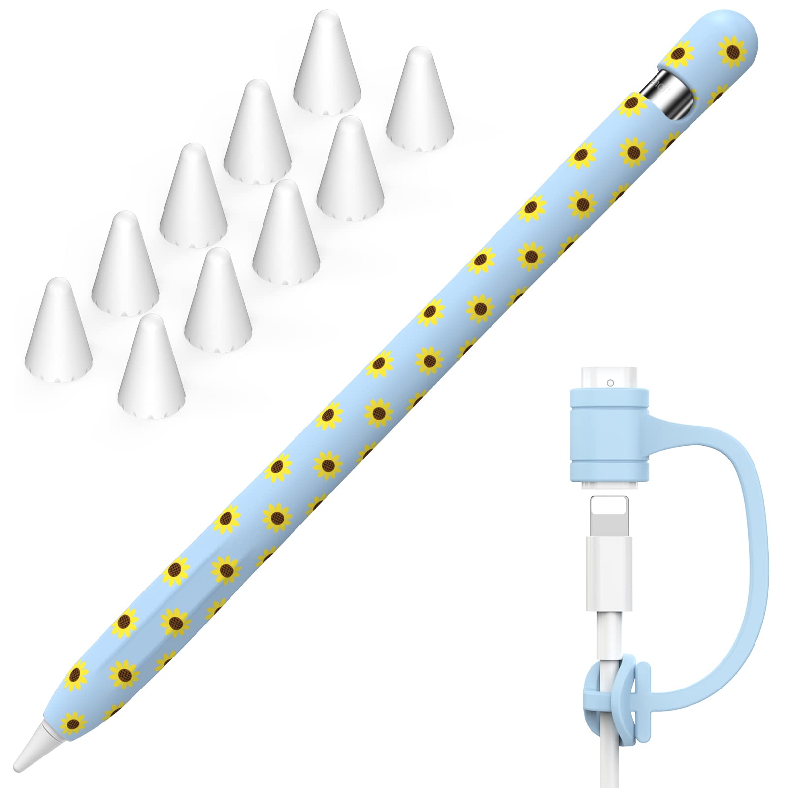 NIUTRENDZ Sunflower Case for Apple Pencil 1st Generation Case Cover Silicone Protective Sleeve Accessories with Apple Pencil Tips Cover & Cable Adapter Tether (Blue)