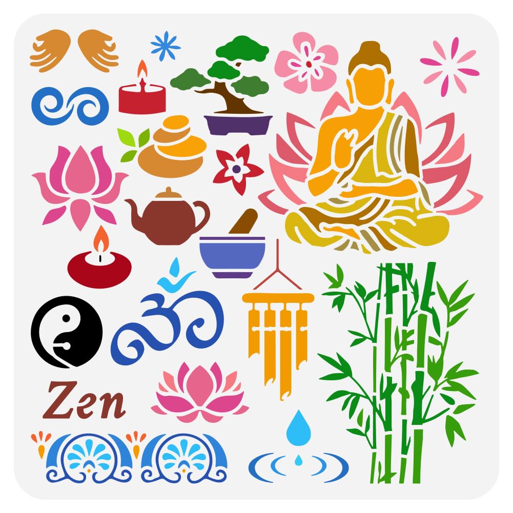 FINGERINSPIRE Zen Motifs Painting Stencil 30x30cm Buddha Stencil Lotus Stencil Candle Stencil Bamboo Stencil Religious Theme Craft Stencil for Painting on Wall Wood Furniture DIY Home Decor