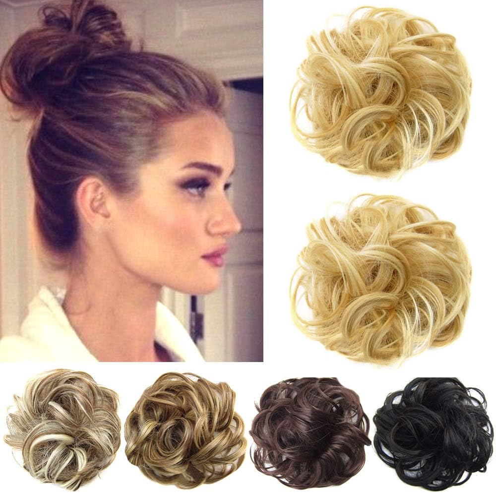 (Dark Blonde & Bleach Blonde) Hair Bun Extensions Wavy Curly Messy Donut Hair Chignons Hair Pieces for Women Human Hair Scrunchies
