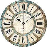 Qukueoy 12 Inch Silent Round Wooden Wall Clock Rustic Country Style, Battery Ope