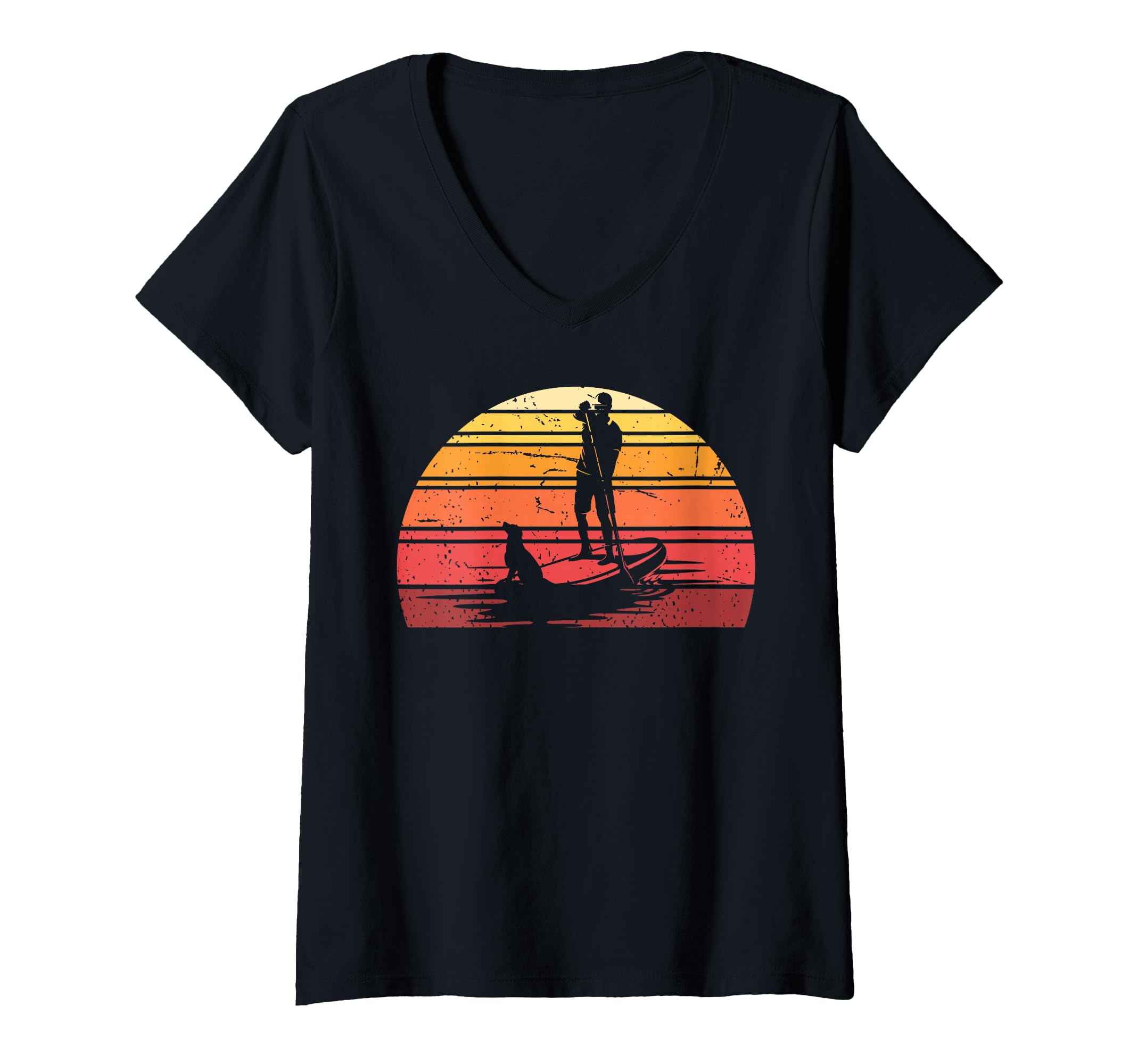 Womens Animal Pet Dog Paddleboarder Stand Up Paddling Retro SUP V-Neck T-Shirt — image 1