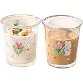 Ivymei Set of 2 12 OZ Floral Drinking Glasses Flower Glass Coffee Cups Cute Glass Cups for Juice,Iced Tea,Coffee,Latte,Milk,Dessert,Stackable Rabbit Glassware Drinkware Set(purple)