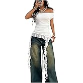 SOLY HUX Women's Off The Shoulder T Shirt Cap Sleeve Ruffle Asymmetrical Hem Ruched Tee Y2k Summer Tops