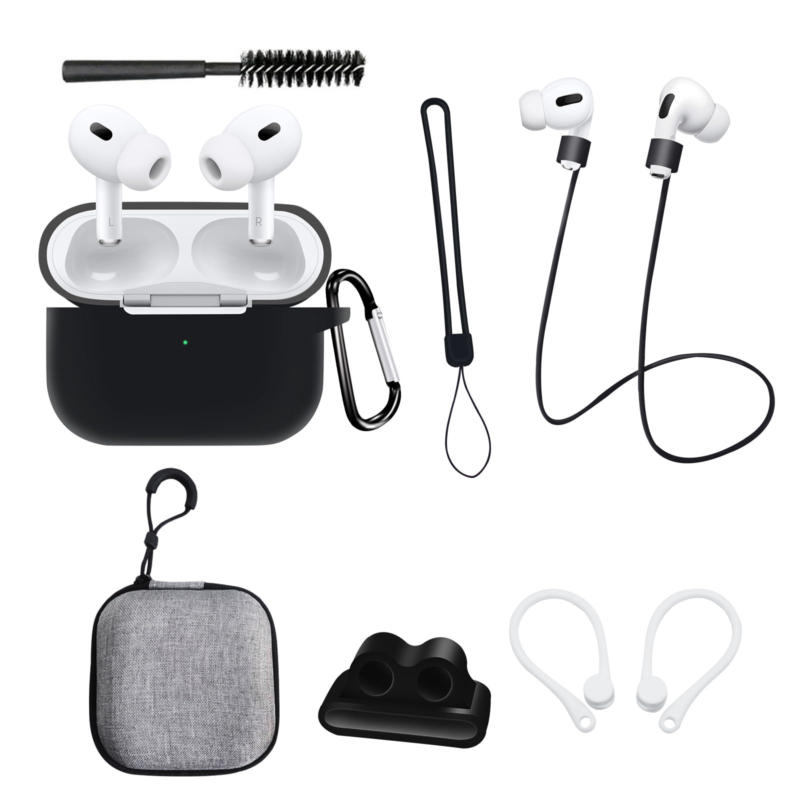 Silicone Protective Case for Airpods Pro 2 Gen: AIYAAIYA 8 in 1 Accessory Kit Airpod for Apple Watch Holder/Keychain/Cleaning Brush/Strap/Accessory Box (Black)