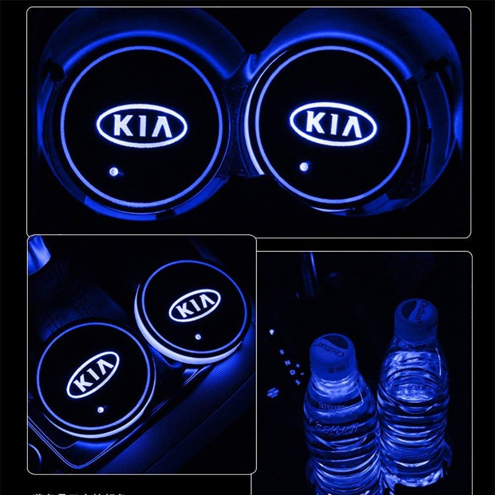 JIanna LED Car Logo Cup Holder Pad 7 Colors Changing USB Charging Mat LED Cup Mat Car Atmosphere Lamp Decoration Lights 2PCS (KIA)
