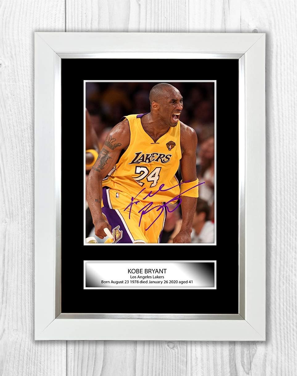 Engravia Digital Kobe Bryant 4 NBA Los Angeles Lakers Reproduction Autograph Picture Photo Poster A4 Print (White Frame)