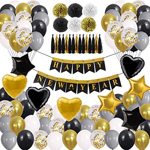 New Years Eve Party Supplies 2020 Decorations Kit, Gold White and Black Balloons Sets, lunar New Year