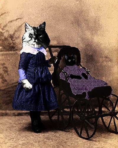Victorian Silver PERSIAN KITTEN Girl with Baby Carriage Kitty Cat Doll altered anthro art print